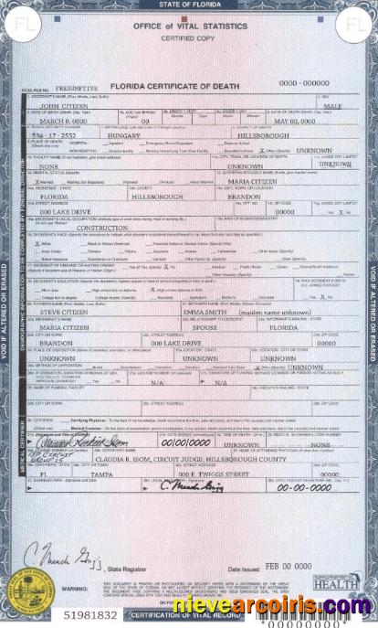 USA state Florida death certificate